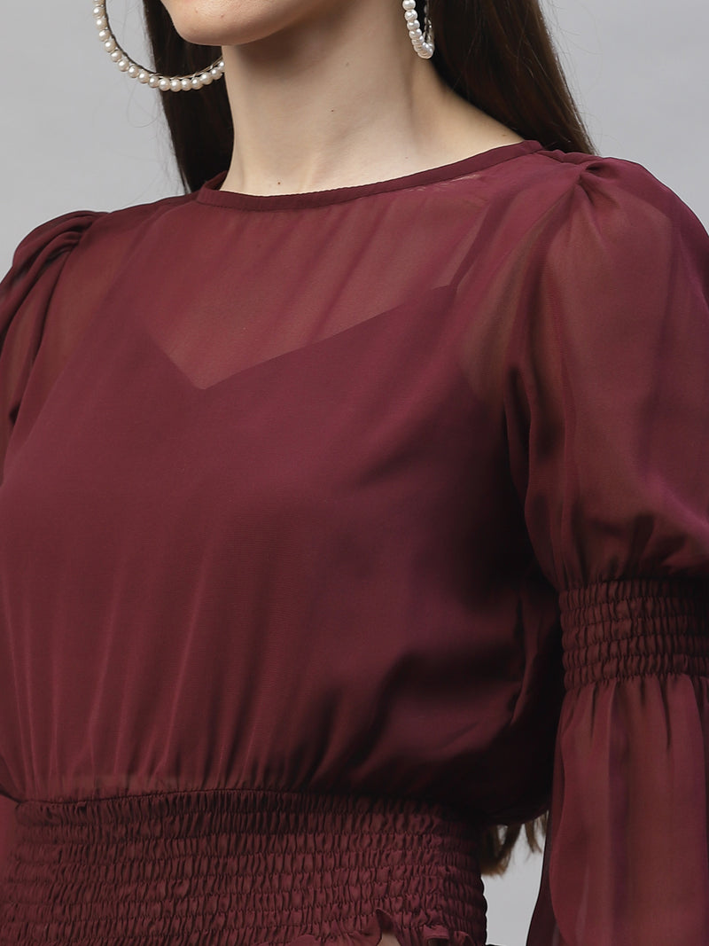 Athena Burgundy Puff Sleeves Georgette Blouson Top