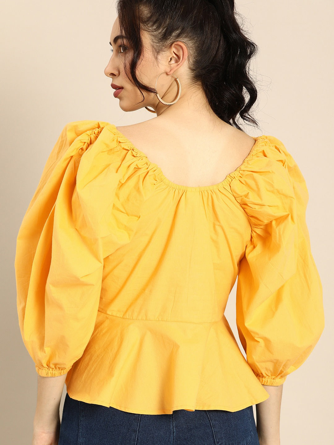 Athena Peppy Yellow Power Shoulders Peplum Top