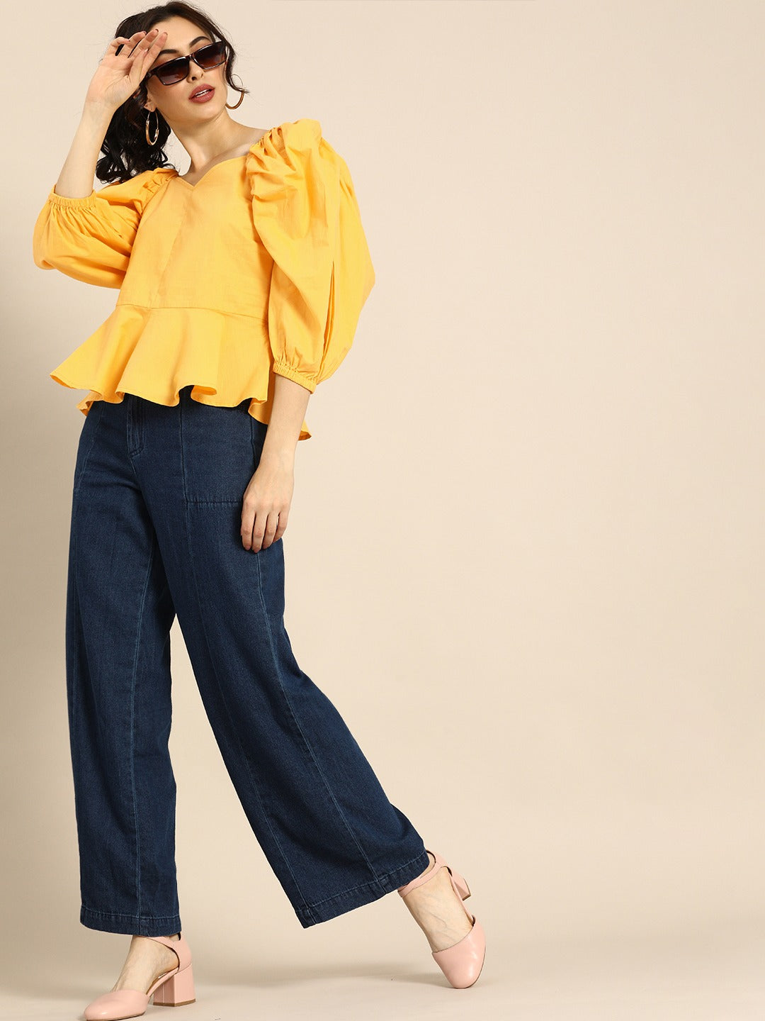 Athena Peppy Yellow Power Shoulders Peplum Top