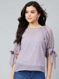 Athena Lavender Self-Design Puff Sleeves Dobby Top