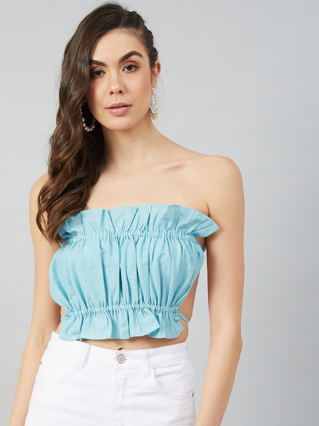 Athena Women Blue Linen Tube Crop Top