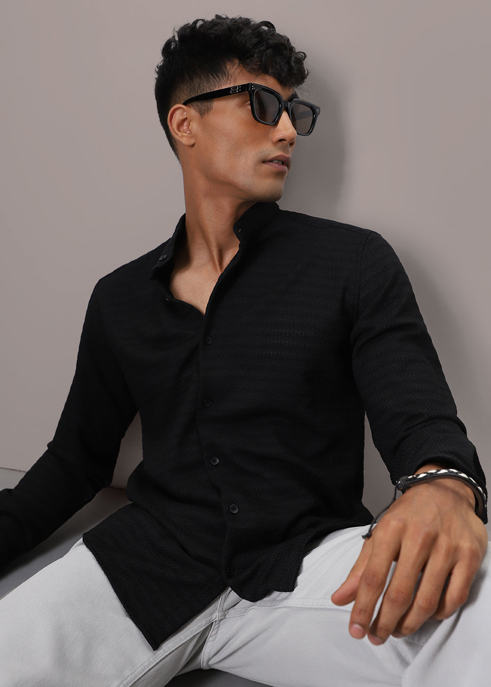 Abyss Black Plain Knitted Crochet Shirt