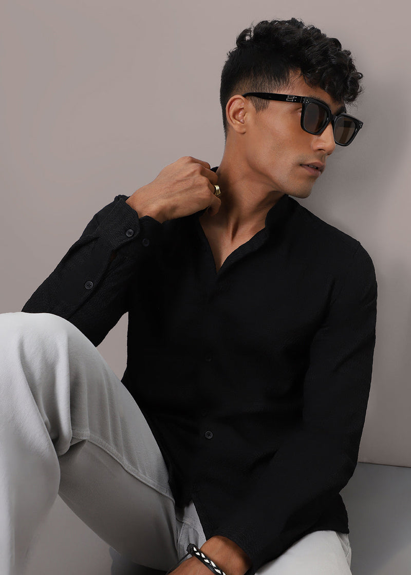 Abyss Black Plain Knitted Crochet Shirt