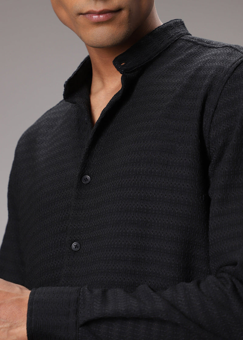 Abyss Black Plain Knitted Crochet Shirt