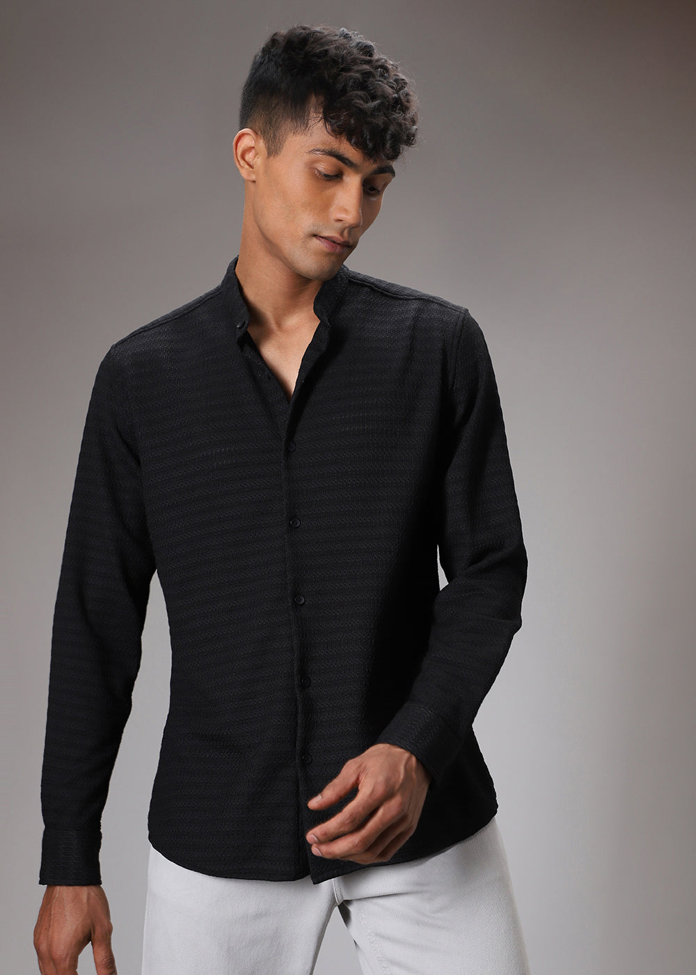 Abyss Black Plain Knitted Crochet Shirt