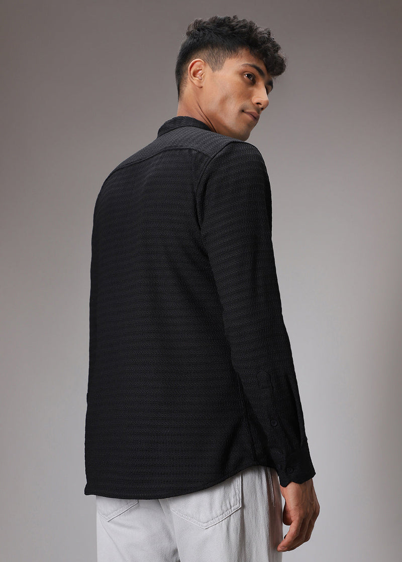Abyss Black Plain Knitted Crochet Shirt
