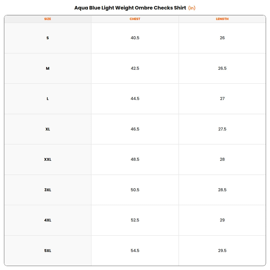 Size chart - Aqua Blue Light Weight Ombre Checks Shirt