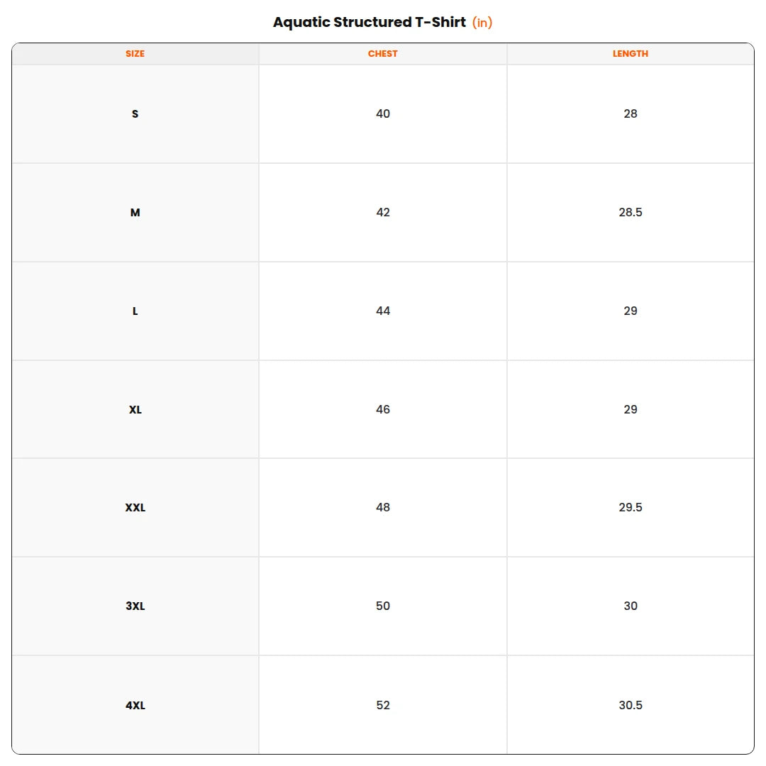 Size chart - Aquatic Structured T-Shirt