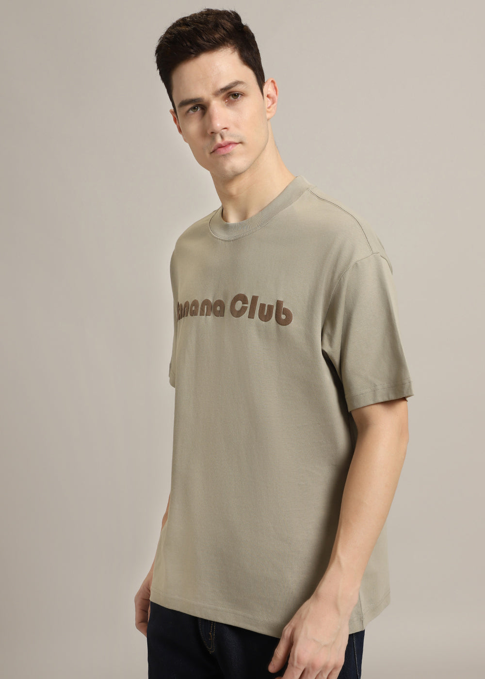 Banana Club Embossed Tan Plain Oversized Fit T-shirt