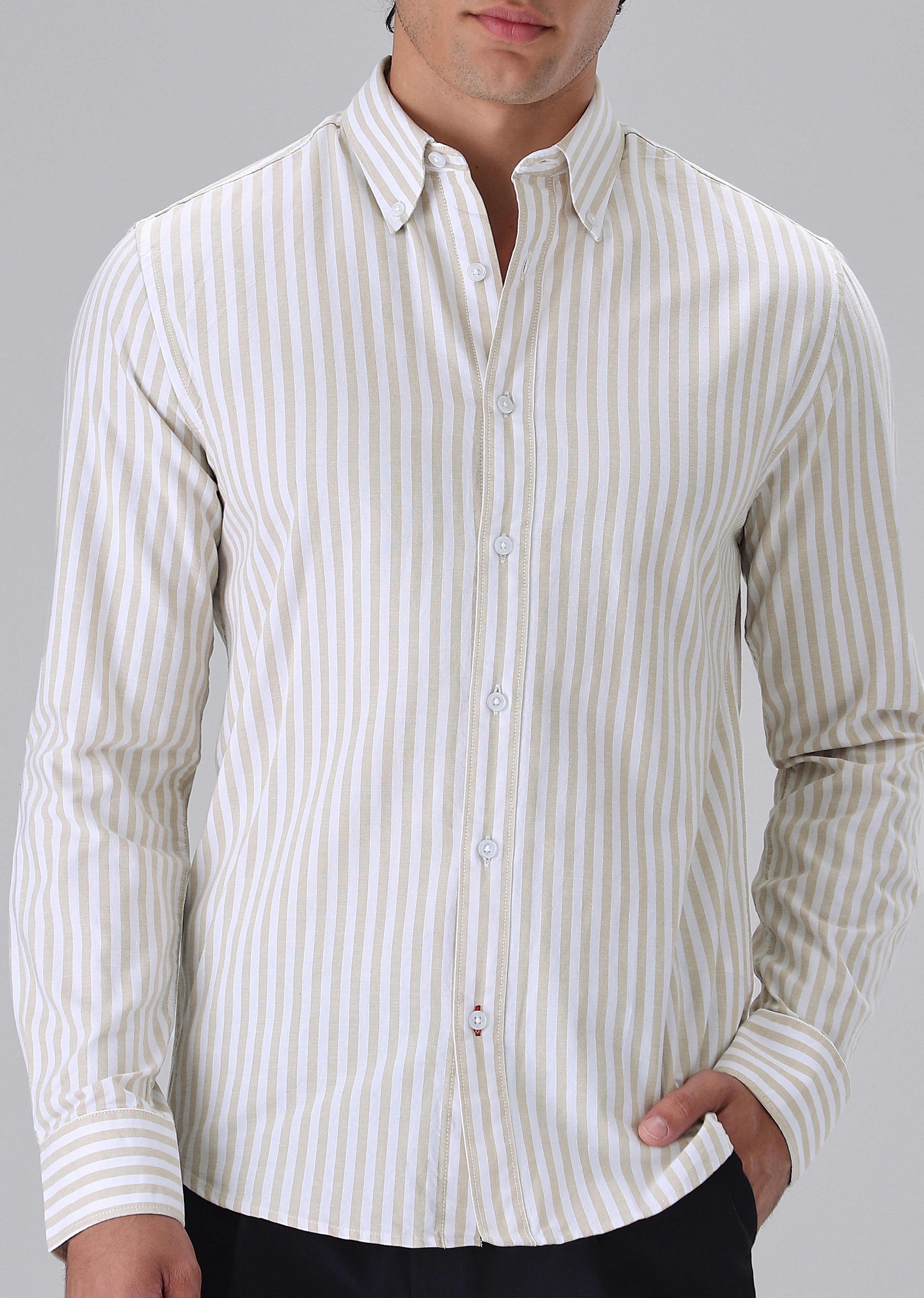 Beige Cotton Oxford Stripe Shirt