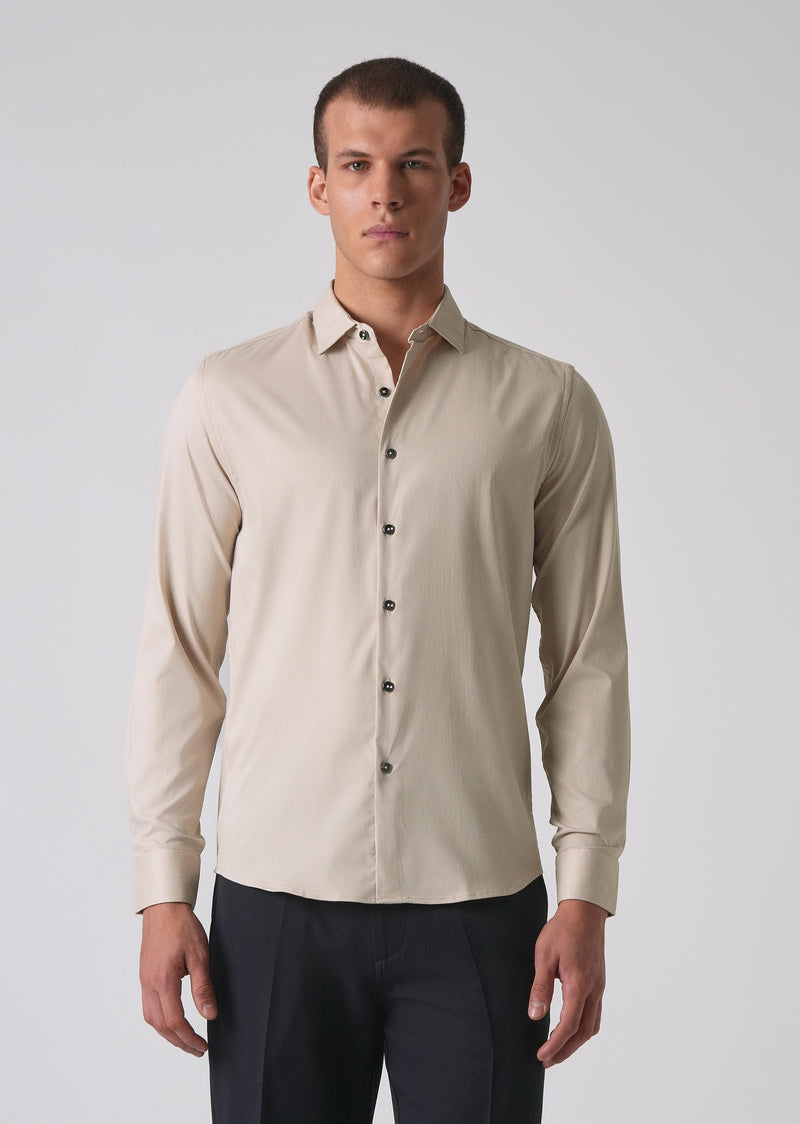 Beige Cotton Stretch Plain Shirt