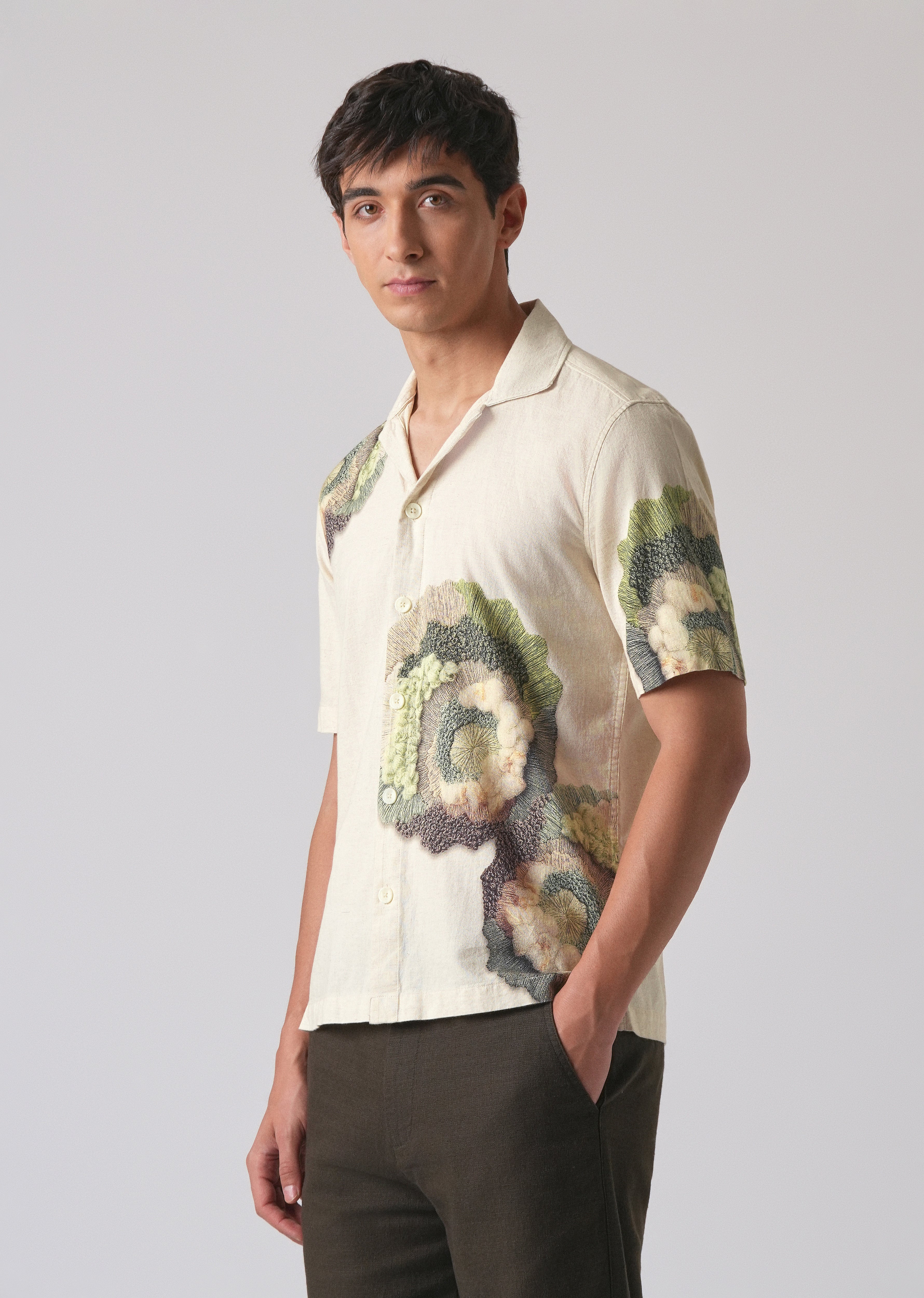 Beige Cotton/Linen Coral Print Shirt