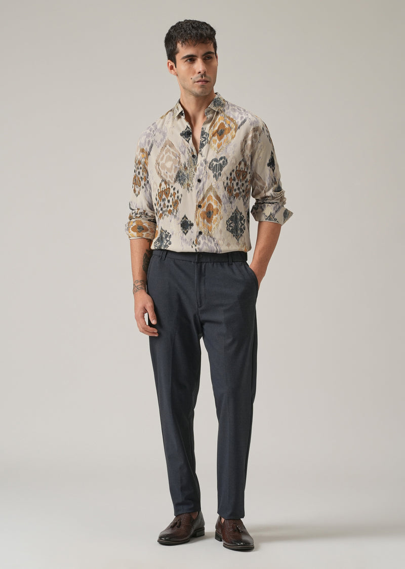 Beige Ikat Motif Print Feather Shirt