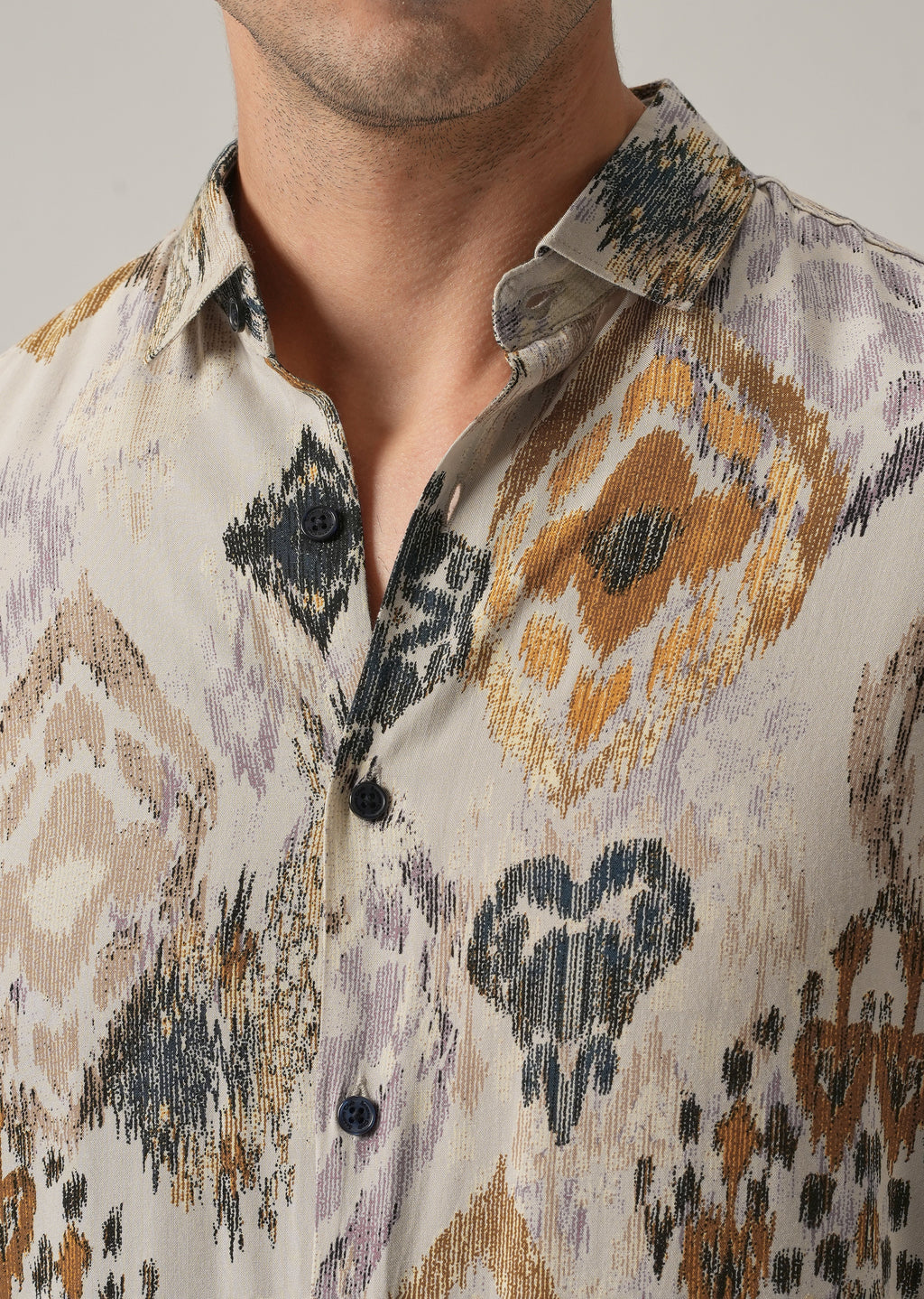 Beige Ikat Motif Print Feather Shirt