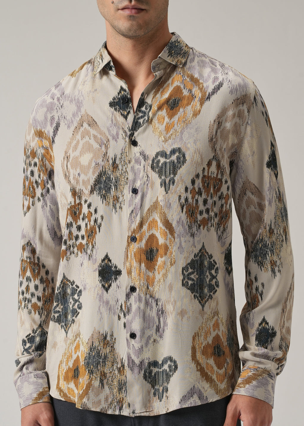 Beige Ikat Motif Print Feather Shirt