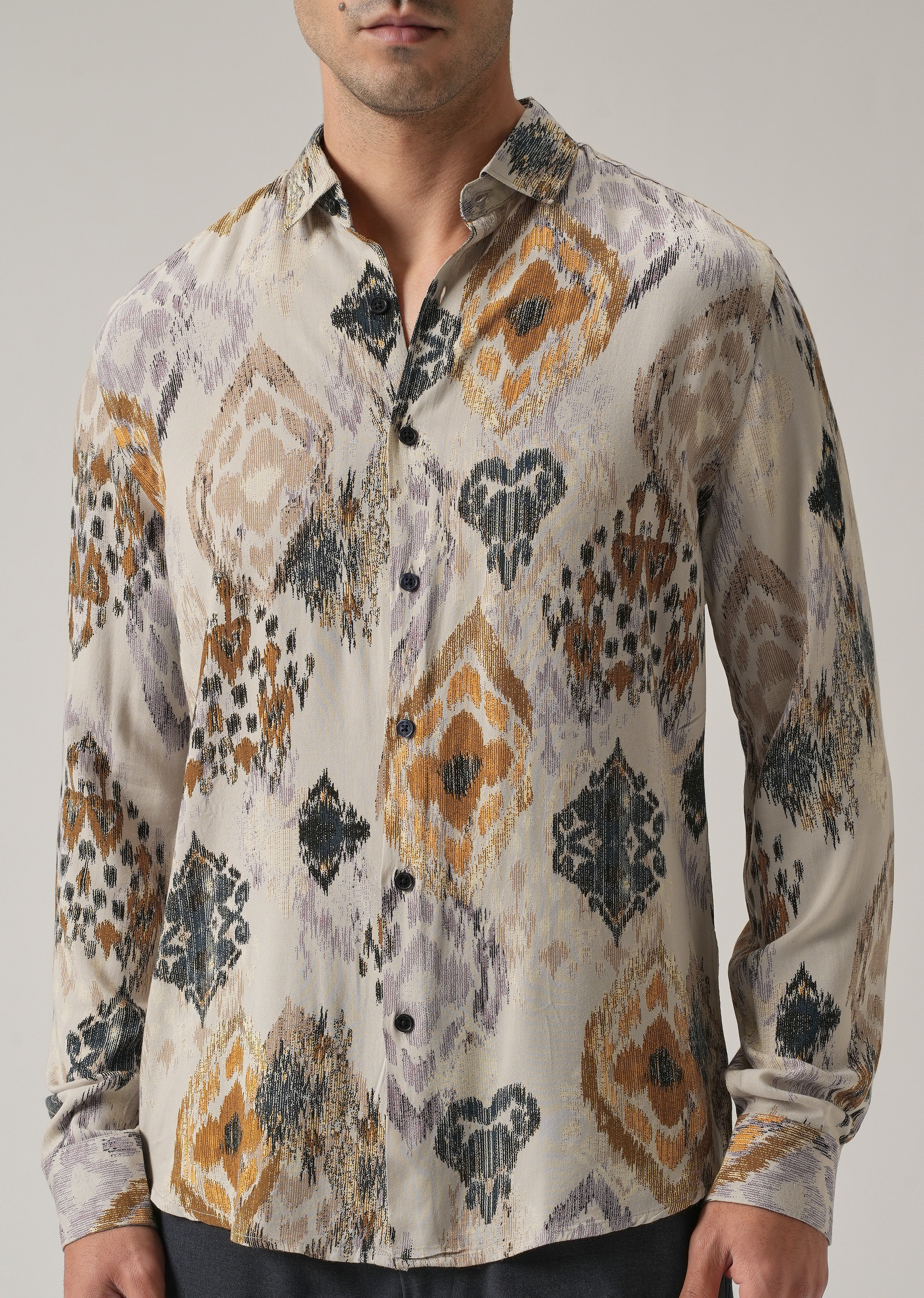 Beige Ikat Motif Print Feather Shirt