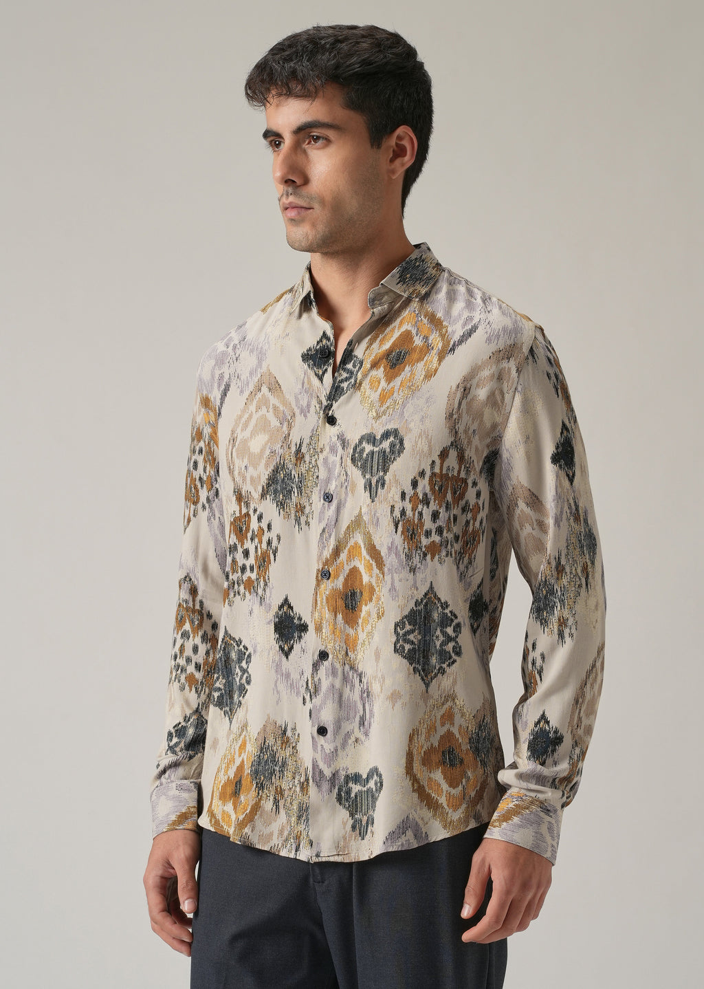Beige Ikat Motif Print Feather Shirt
