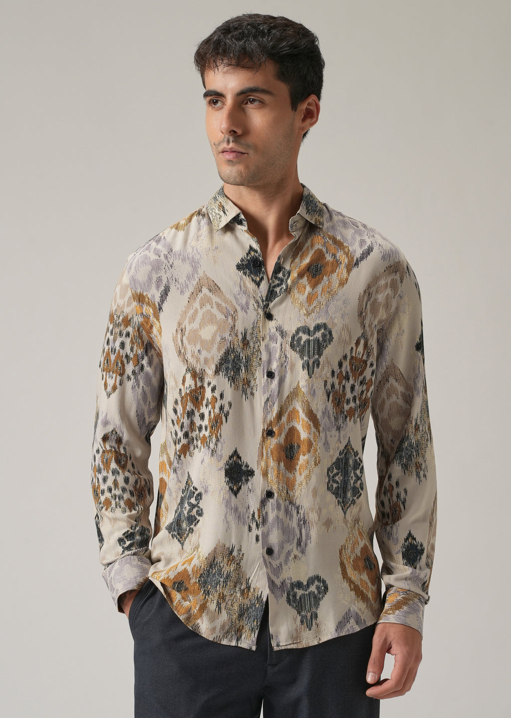 Beige Ikat Motif Print Feather Shirt
