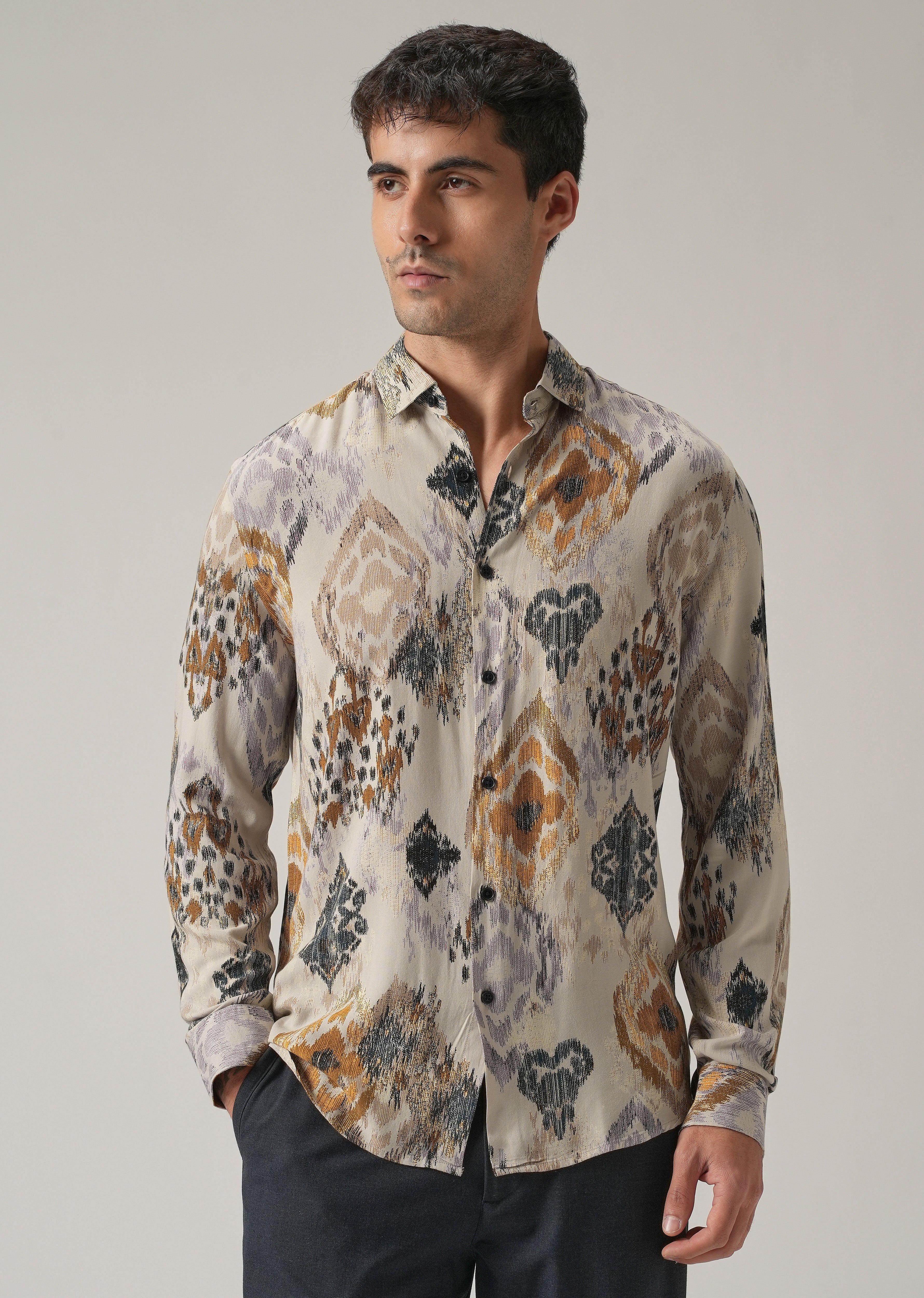 Beige Ikat Motif Print Feather Shirt