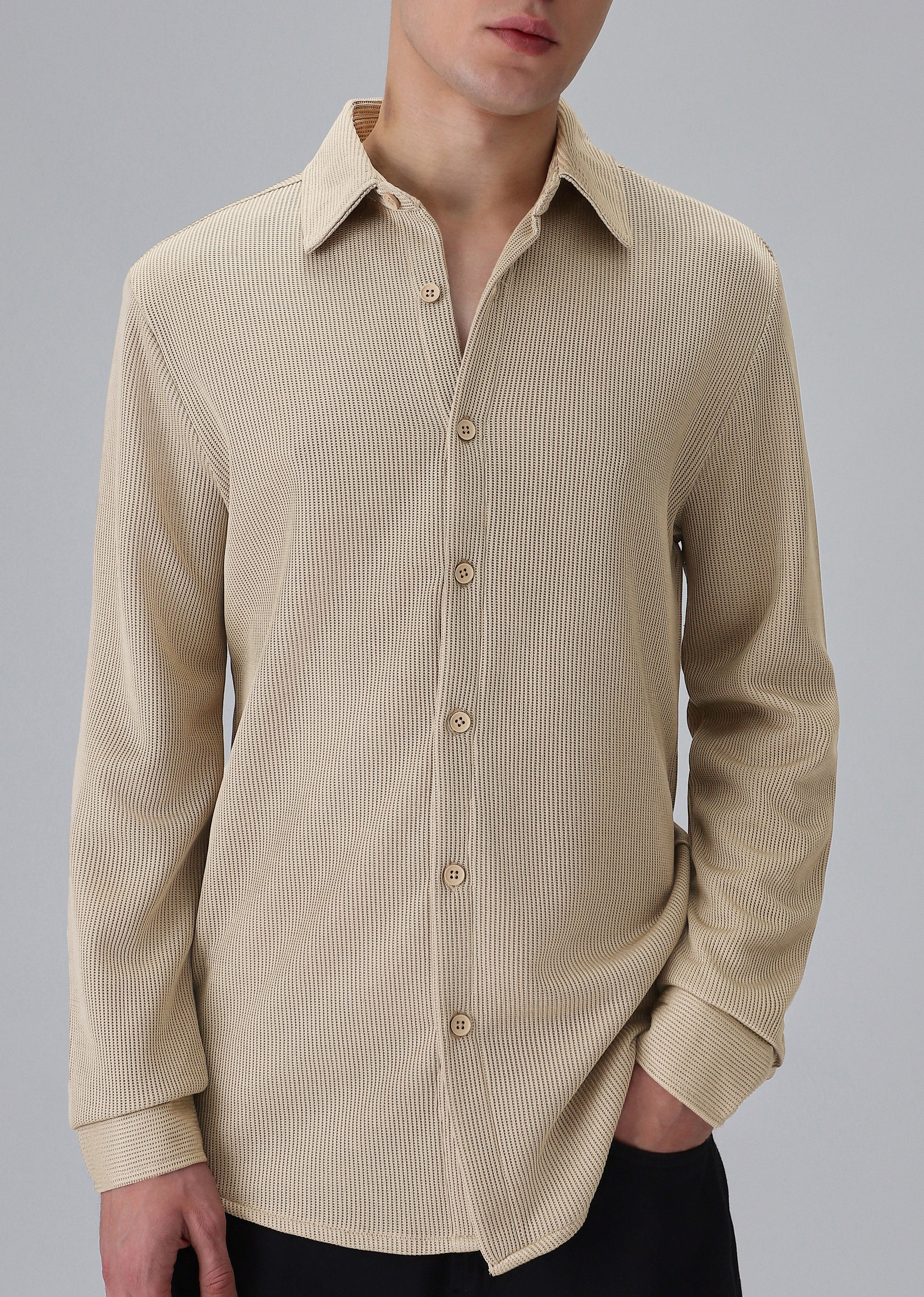 Beige Plain Knitted Shirt