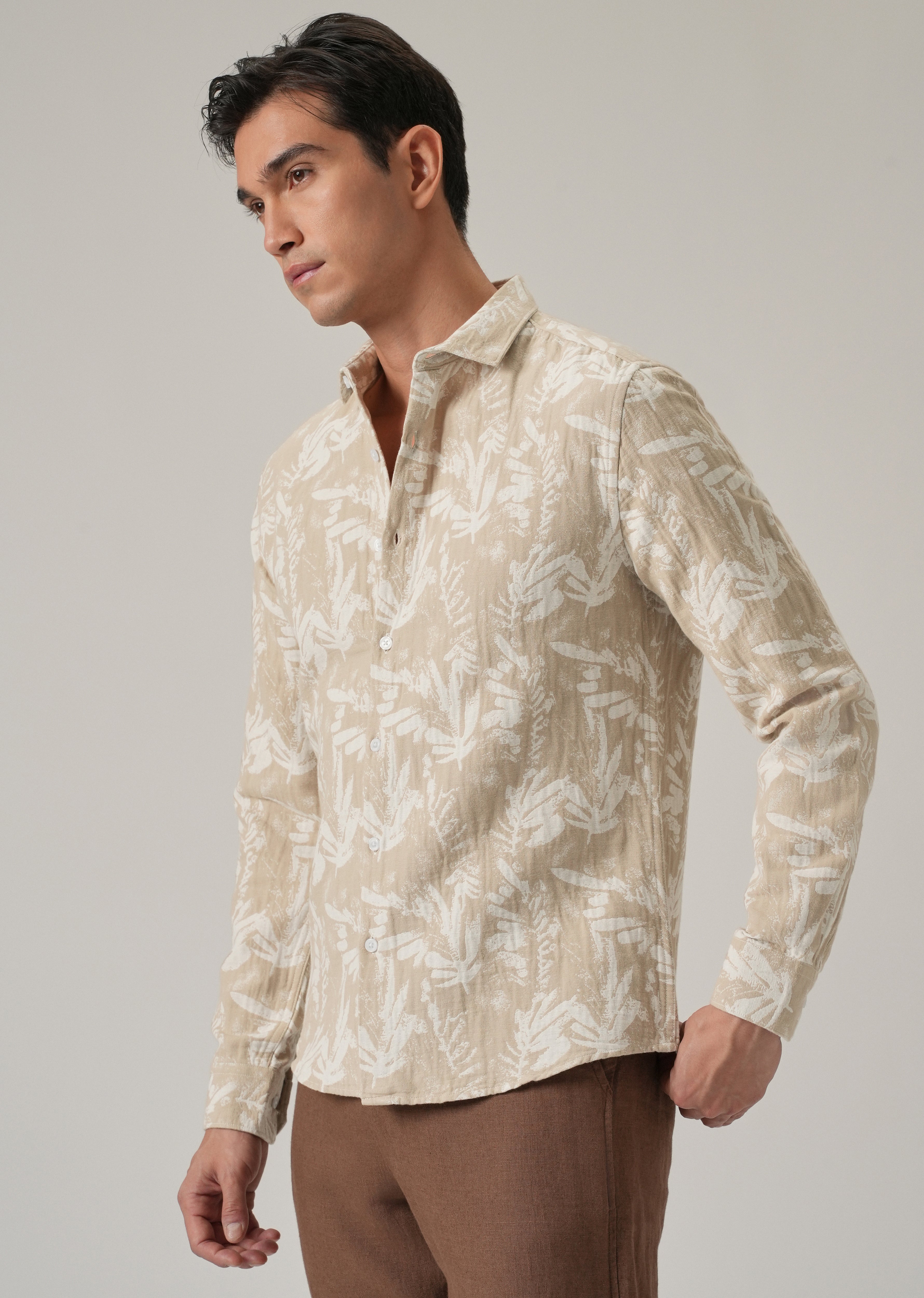 Beige Leaf Pattern Shirt