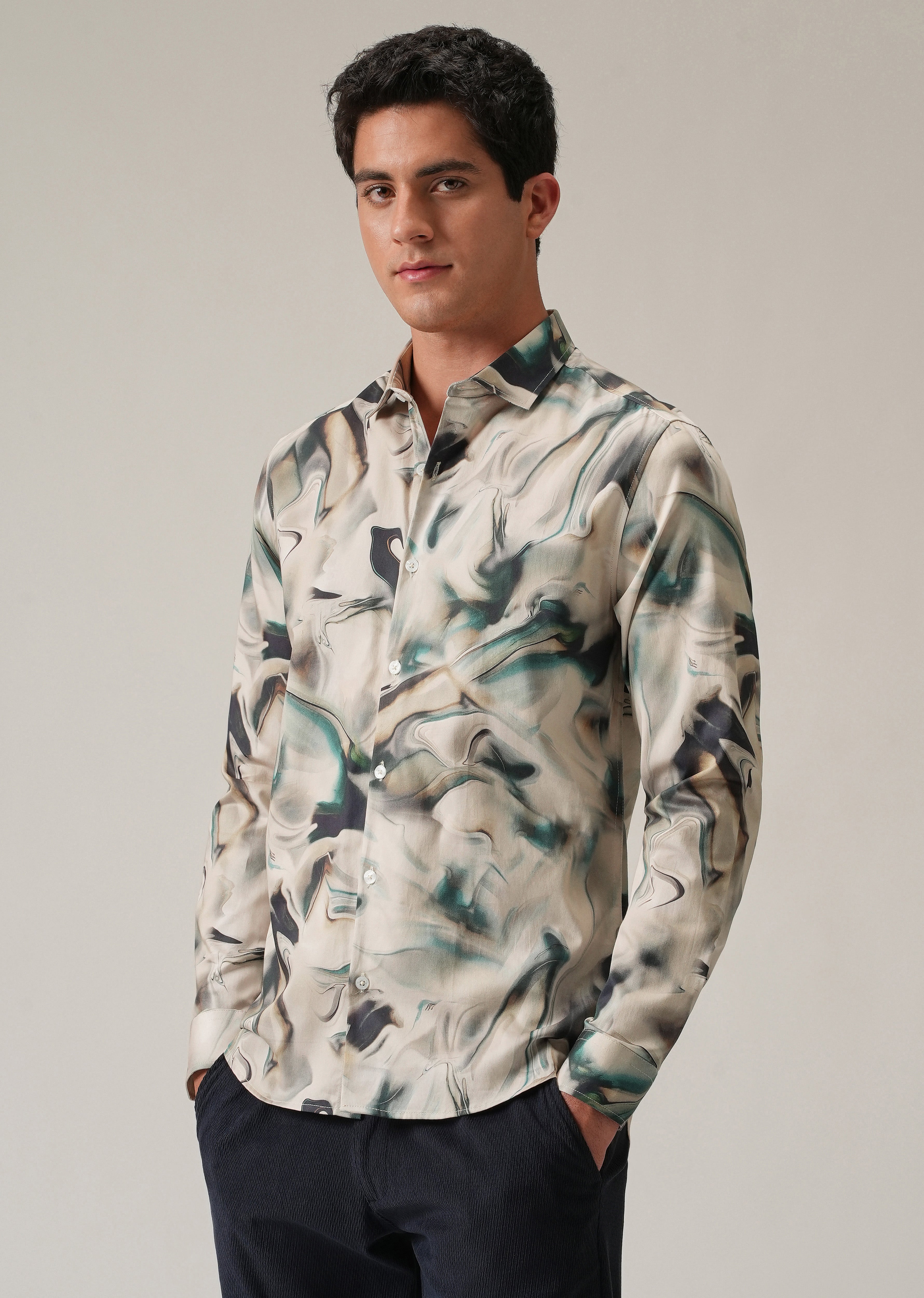 Beige Marbled Print Shirt