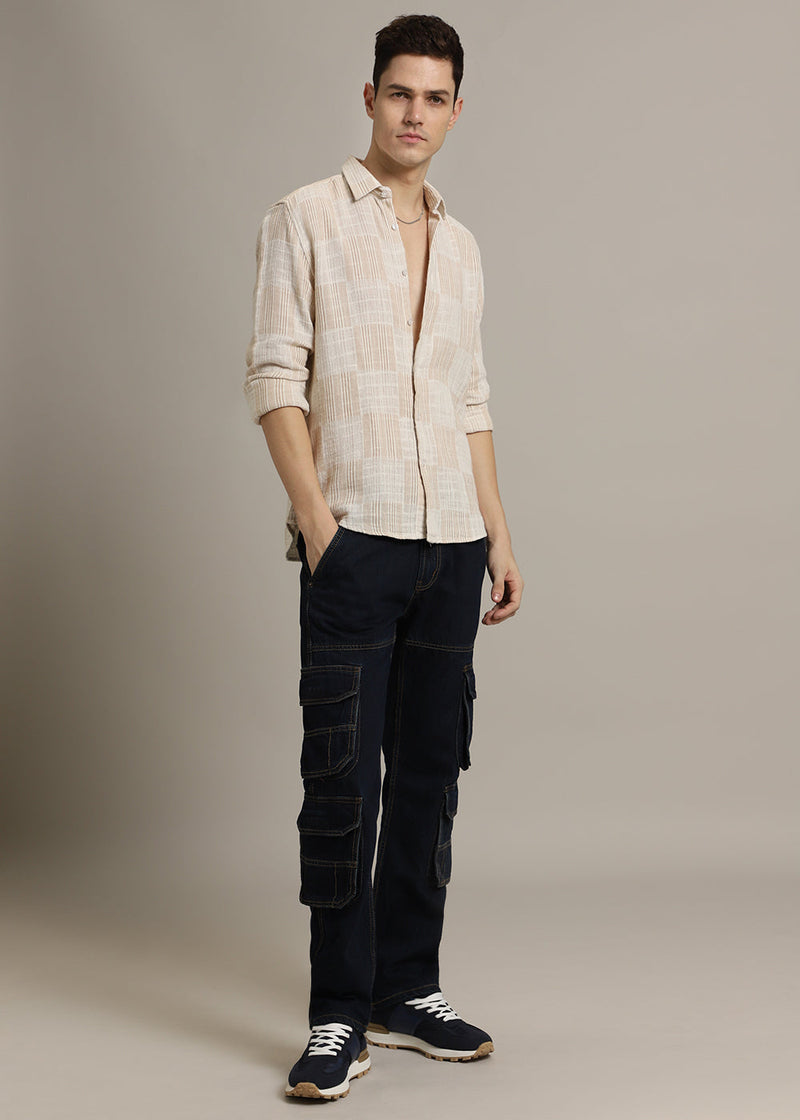Beige Pin Check Textured Shirt