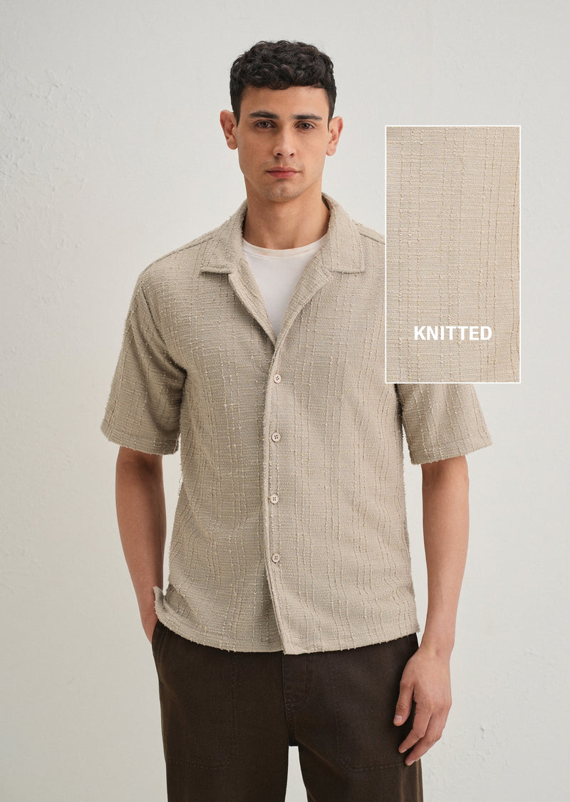 Beige Plain Cuban Collar Knitted Shirt