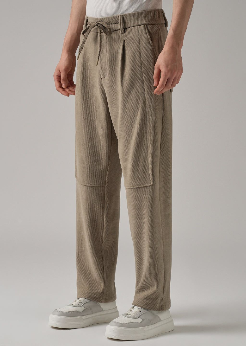 Beige Textured Suede Drawstring Pant