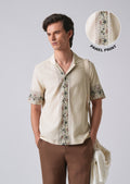 Beige Cotton/Linen Pannel Print Shirt