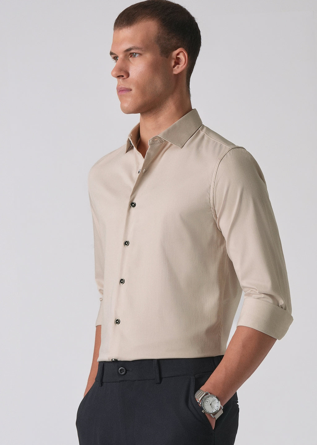 Beige Cotton Stretch Plain Shirt