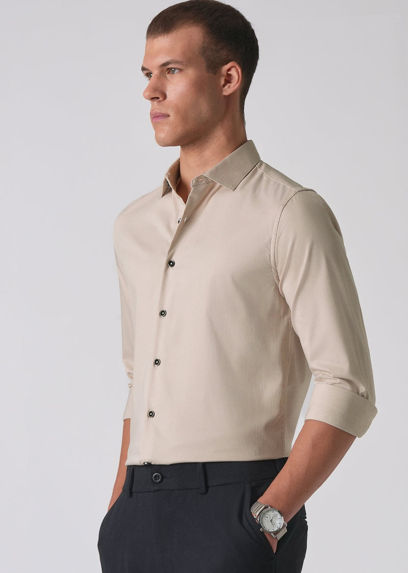 Beige Cotton Stretch Plain Shirt