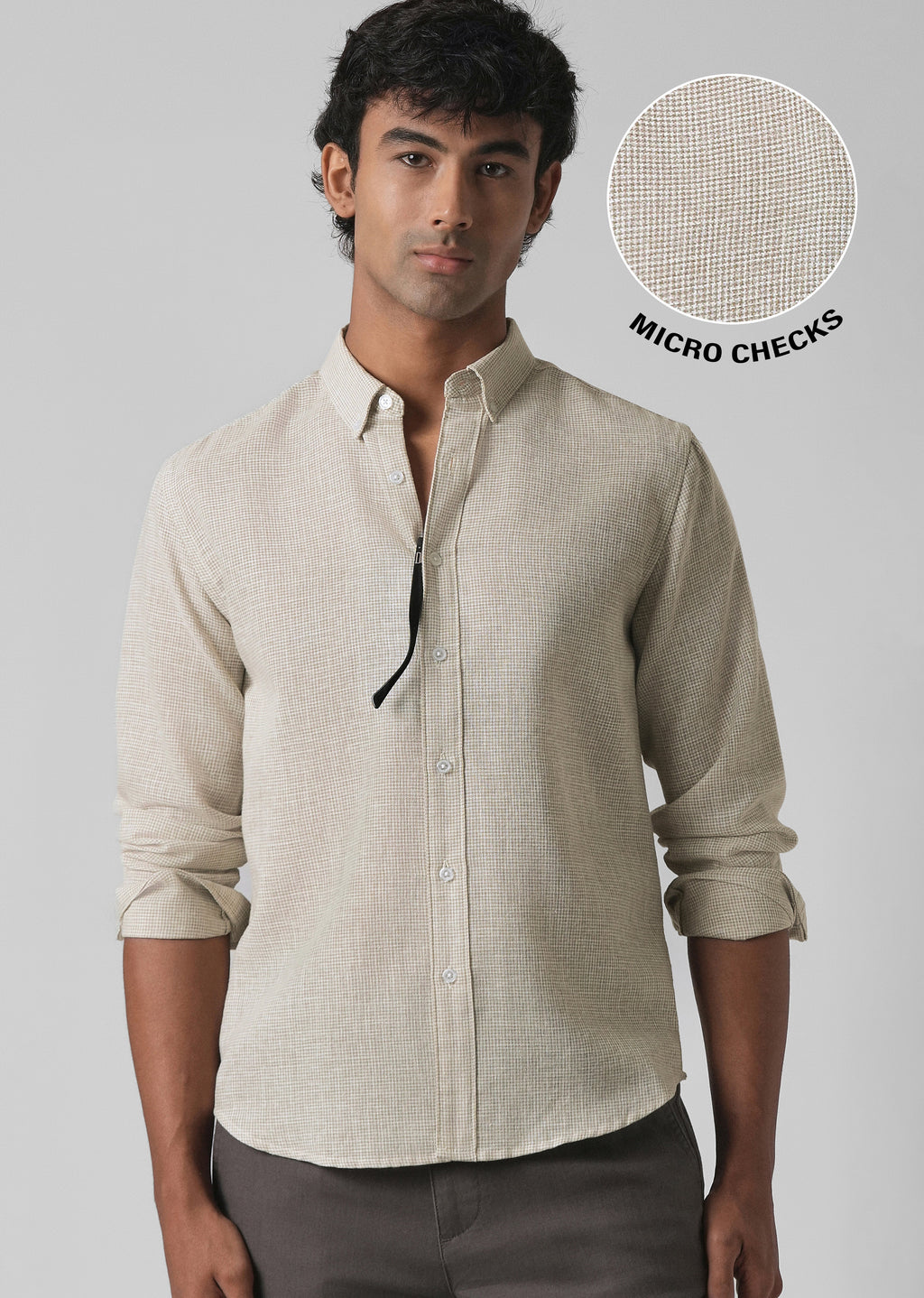 Beige Micro Checks Blended Cotton Shirt