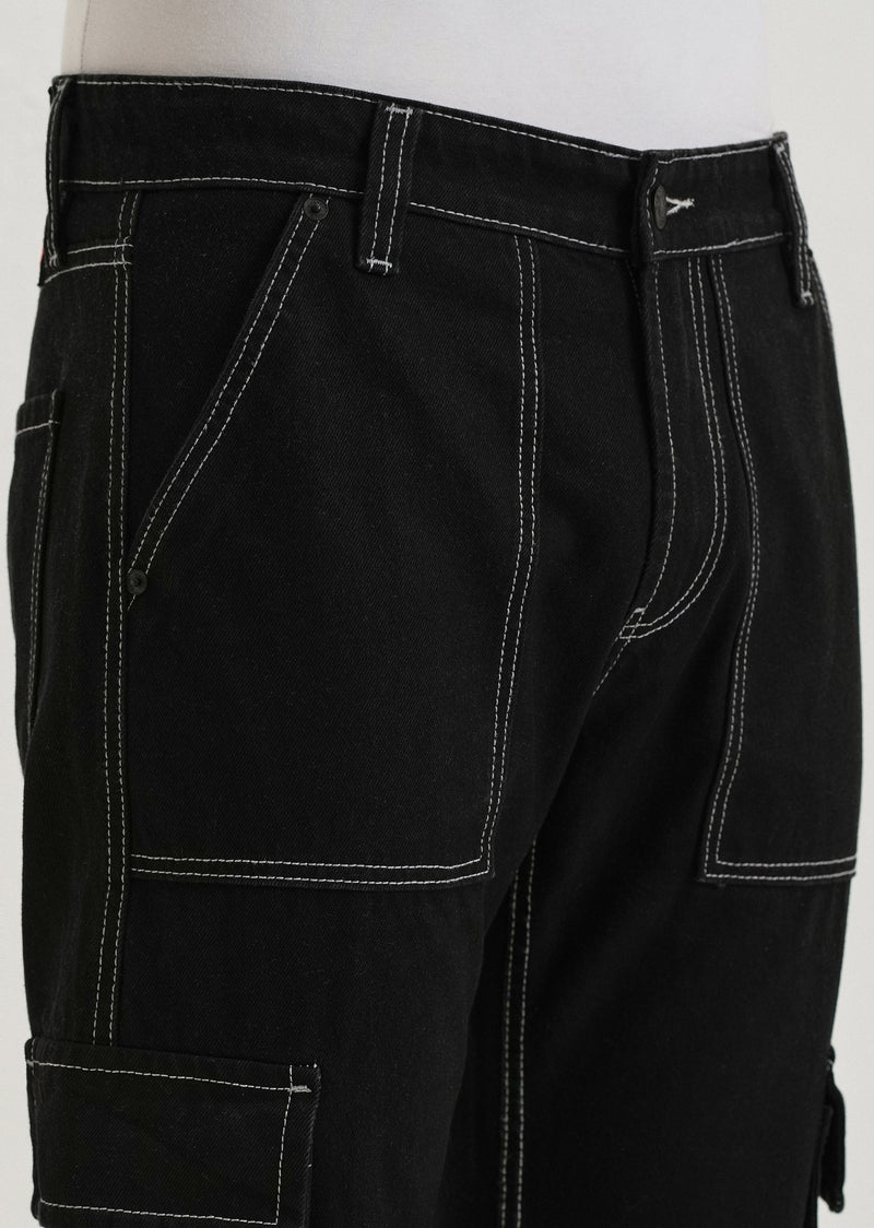 Black Contrast Stitched Denim Cargo