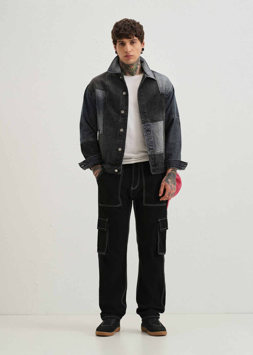 Black Contrast Stitched Denim Cargo