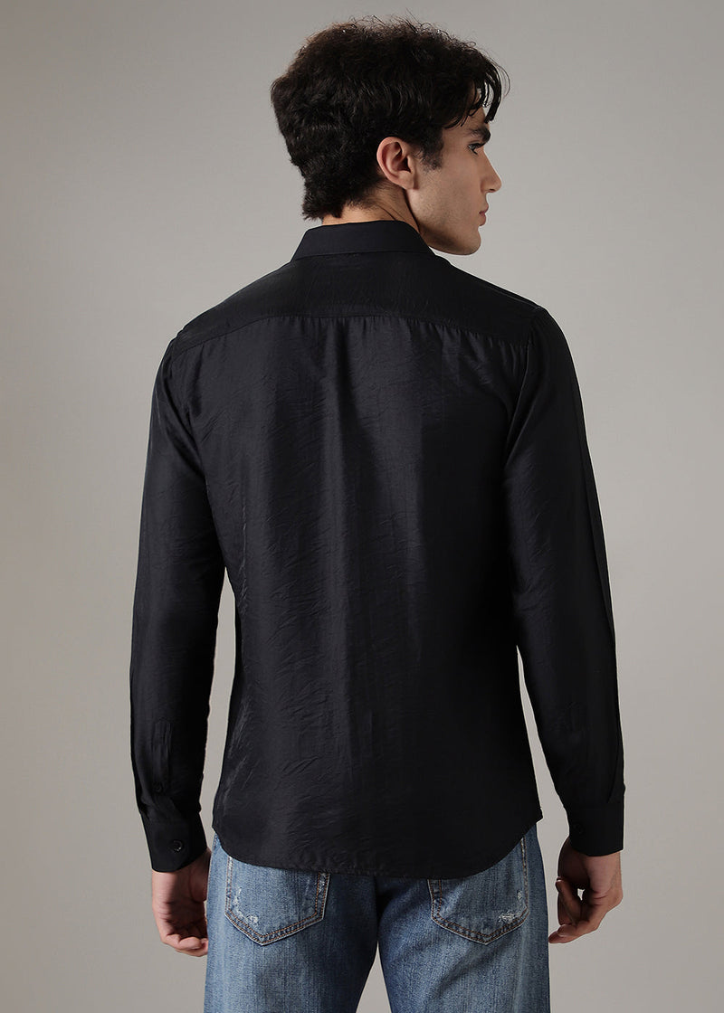Black Plain Crushed Satin Shirt