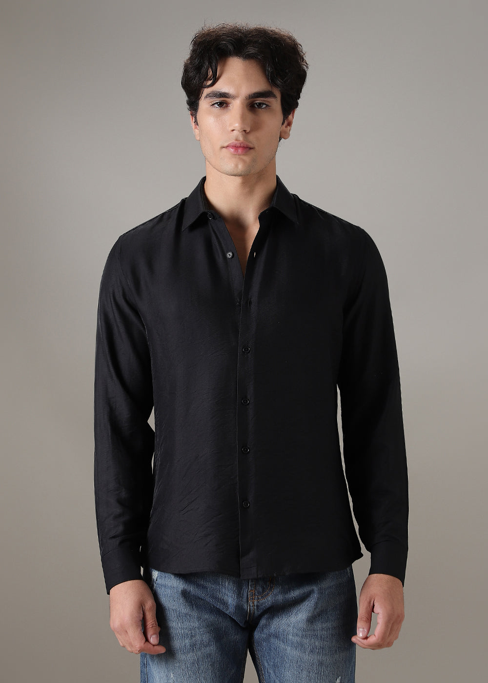 Black Plain Crushed Satin Shirt