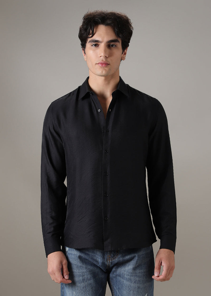 Black Plain Crushed Satin Shirt