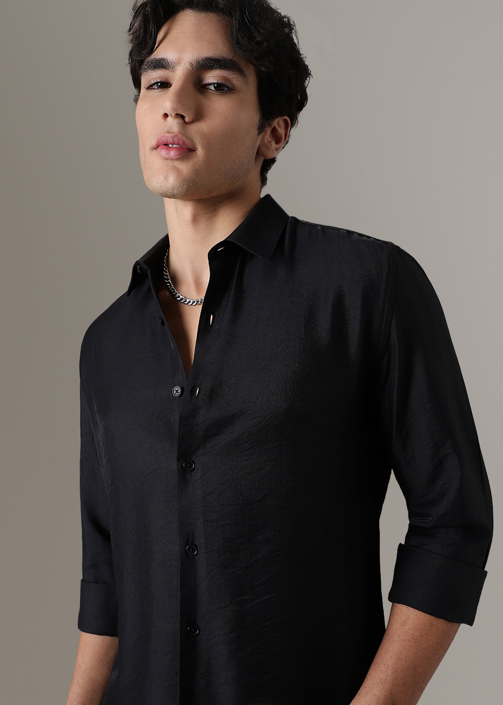 Black Plain Crushed Satin Shirt