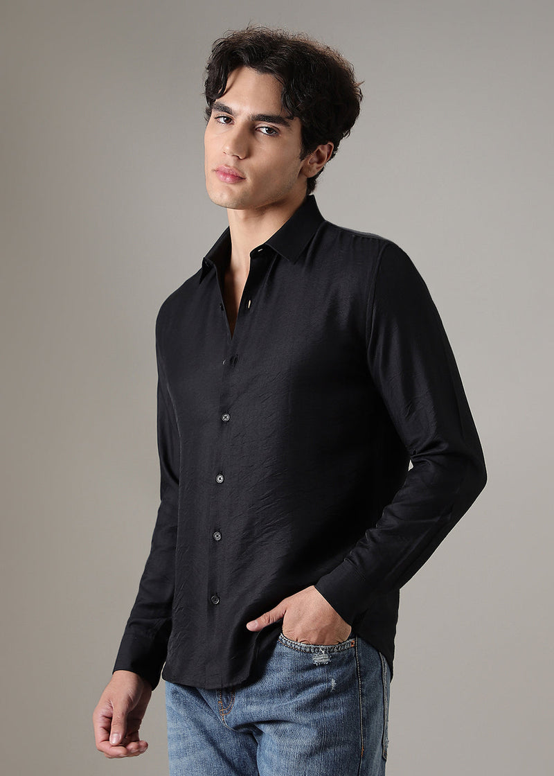 Black Plain Crushed Satin Shirt