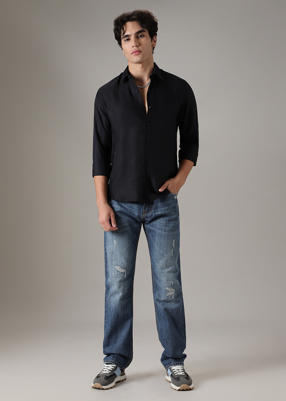 Black Plain Crushed Satin Shirt