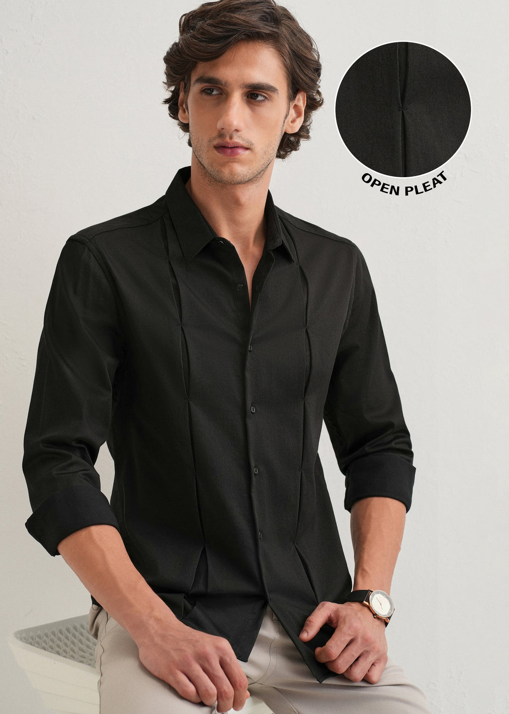 Black Front Panel Open Pleat Shirt