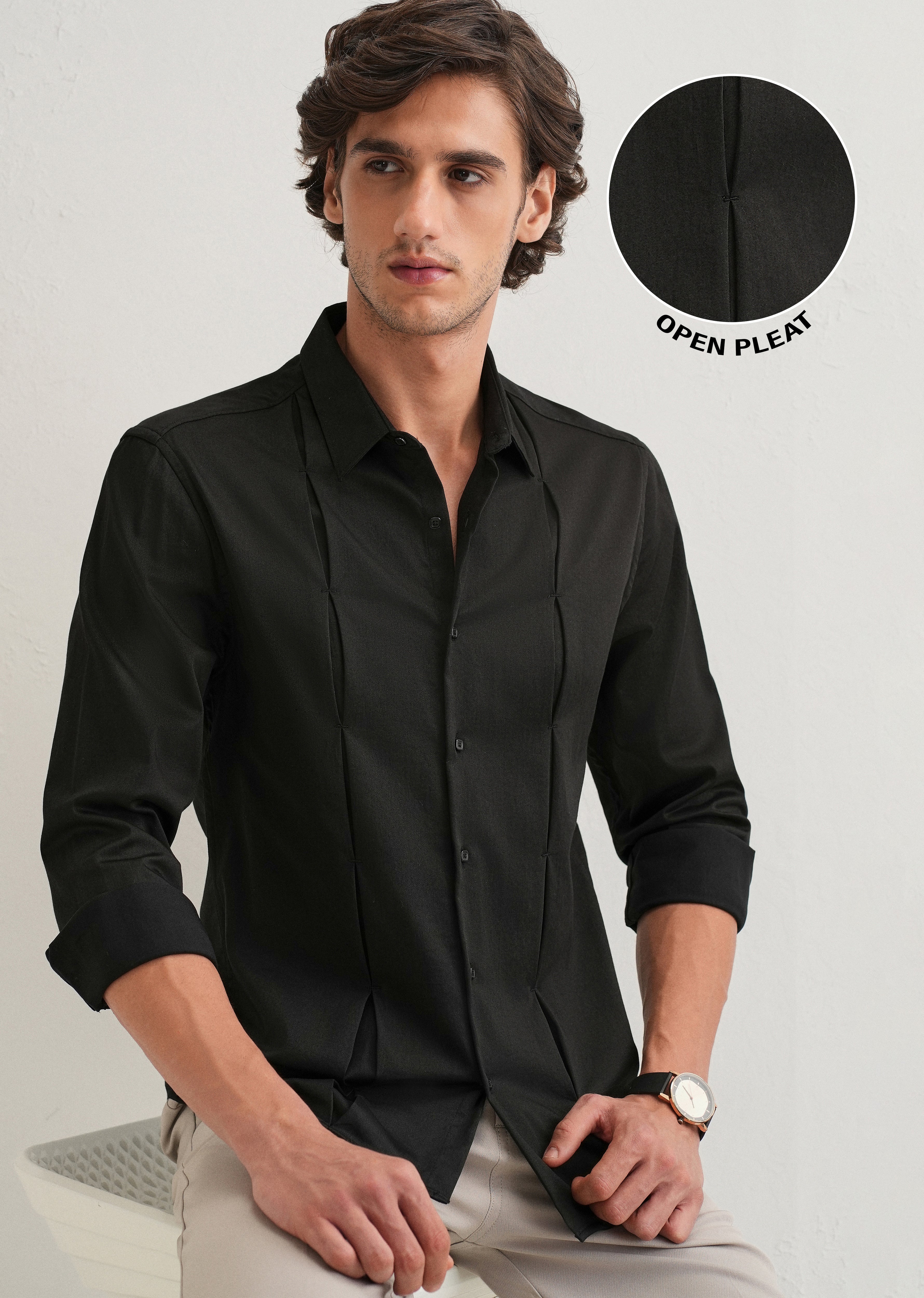 Black Front Panel Open Pleat Shirt