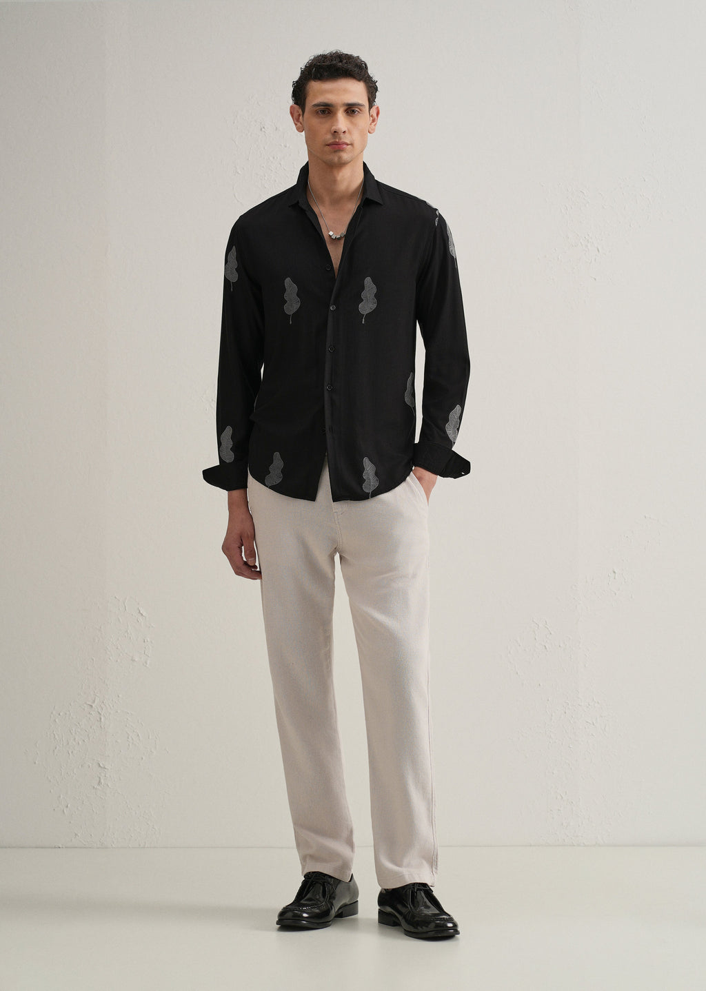 Black Grey Leaf Motif Embroidery Shirt