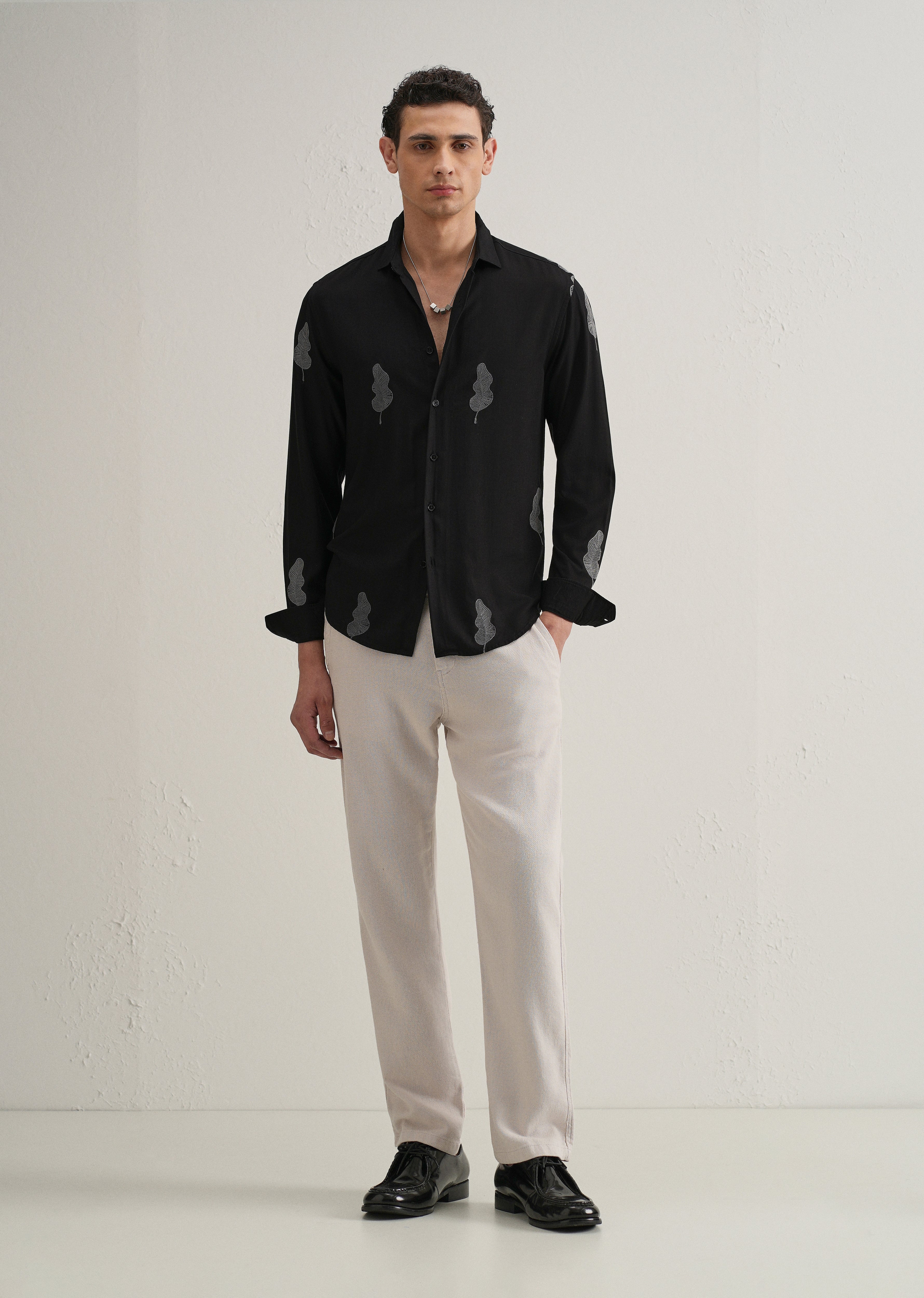 Black Grey Leaf Motif Embroidery Shirt