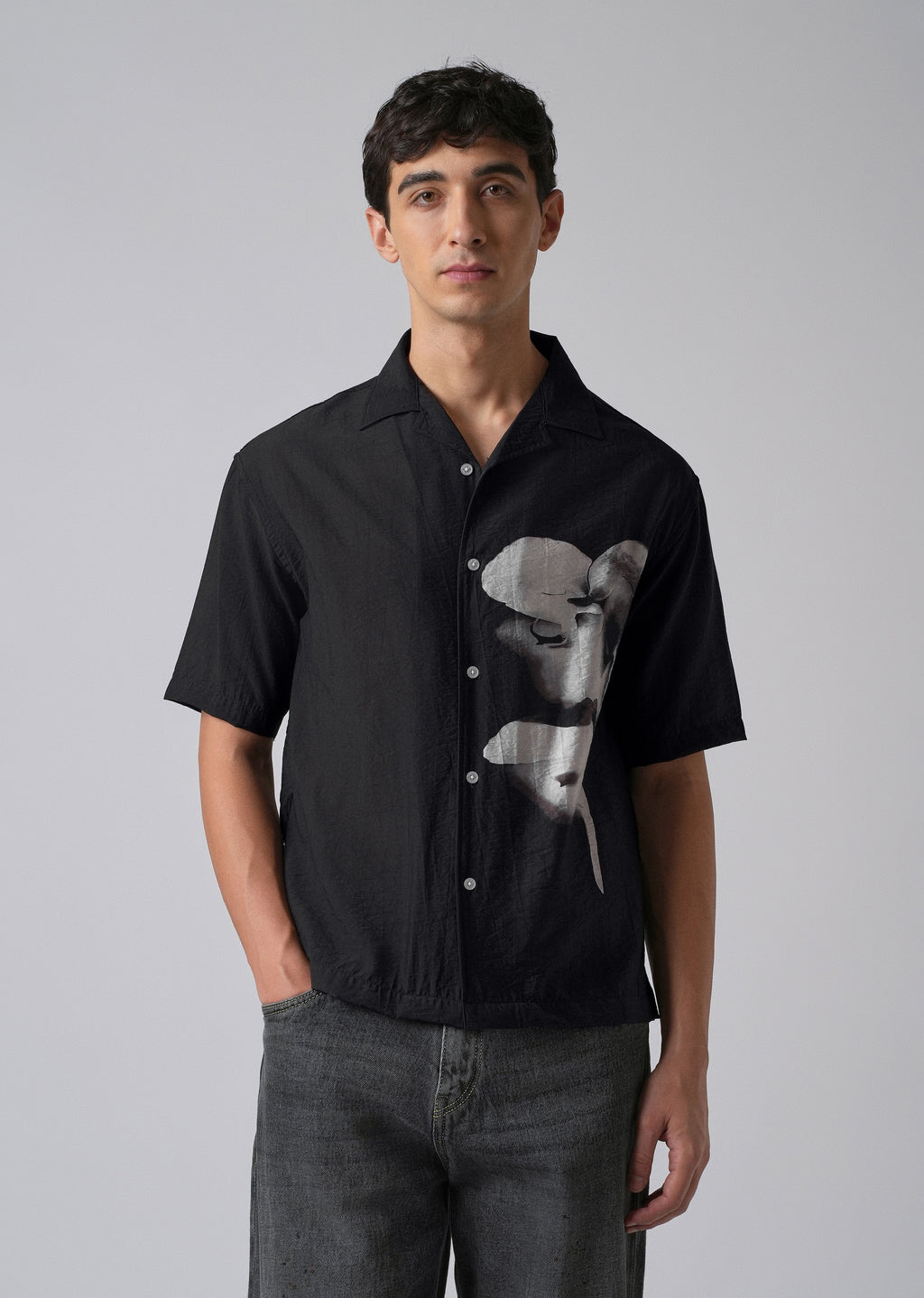 Black Ink Wash Floral Print Shirt