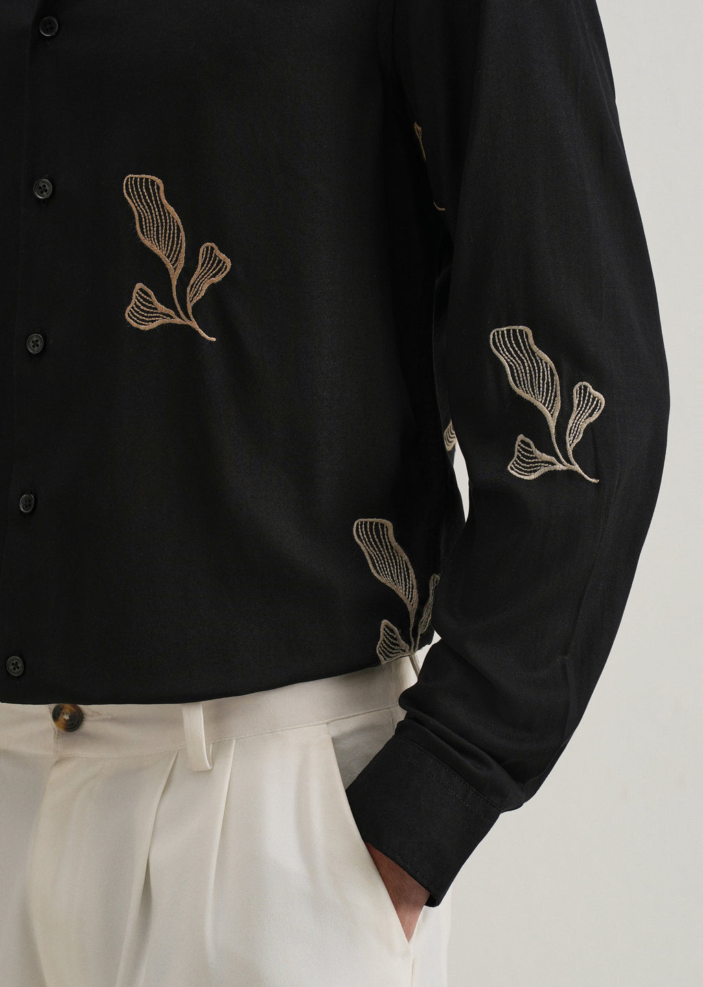 Black Leaf Motif Embroidery Shirt