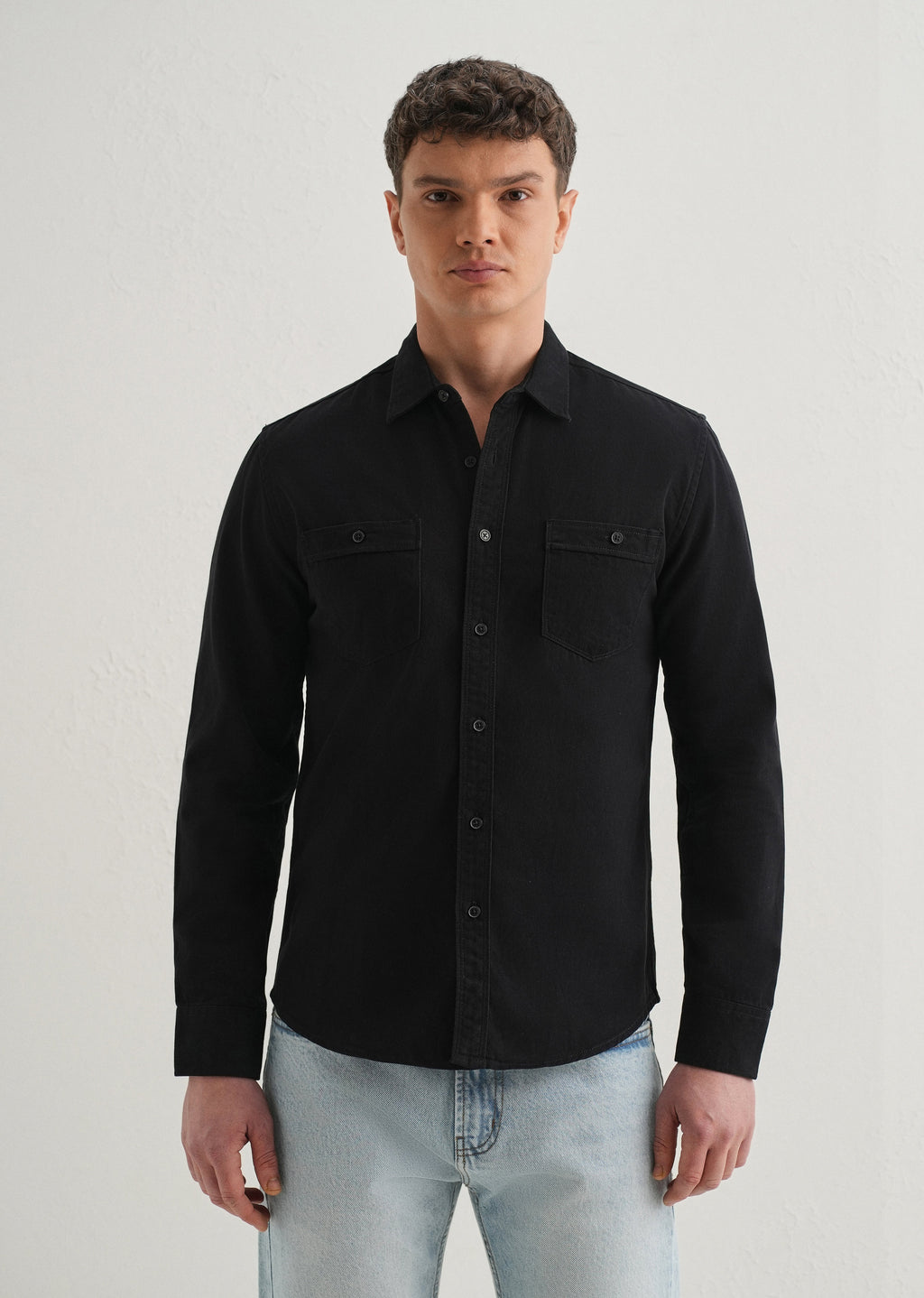 Black Plain Double Pocket Shirt