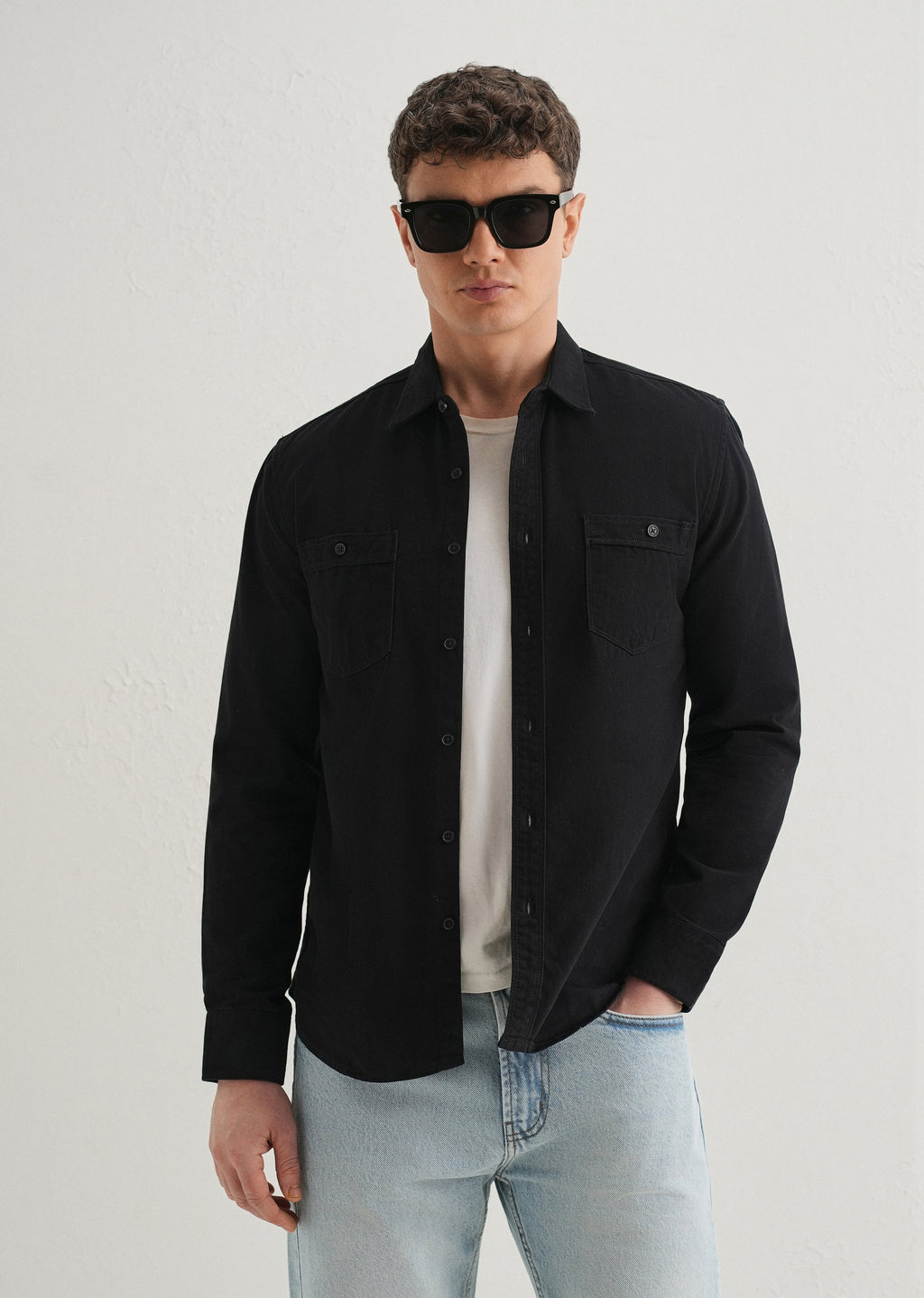 Black Plain Double Pocket Shirt