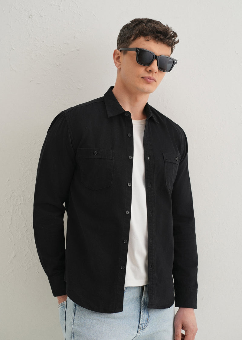 Black Plain Double Pocket Shirt